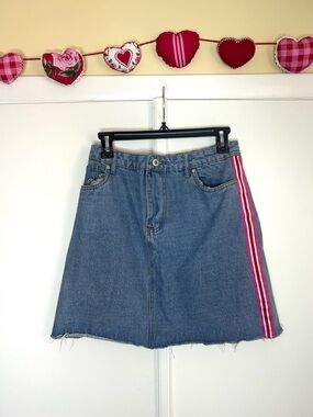 Y2K Denim Mini Skirt with Pink Athletic Stripes